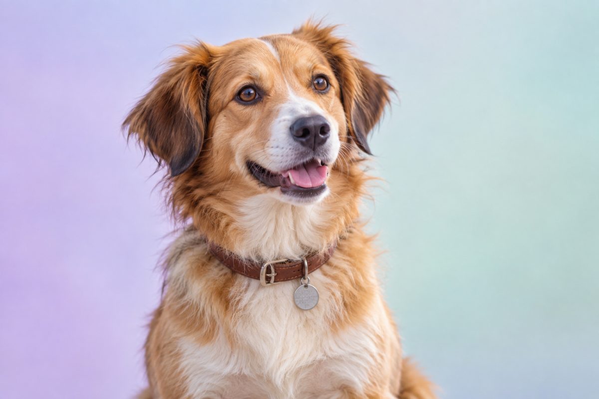Vrolijke hond met een ronde penning aan de halsband