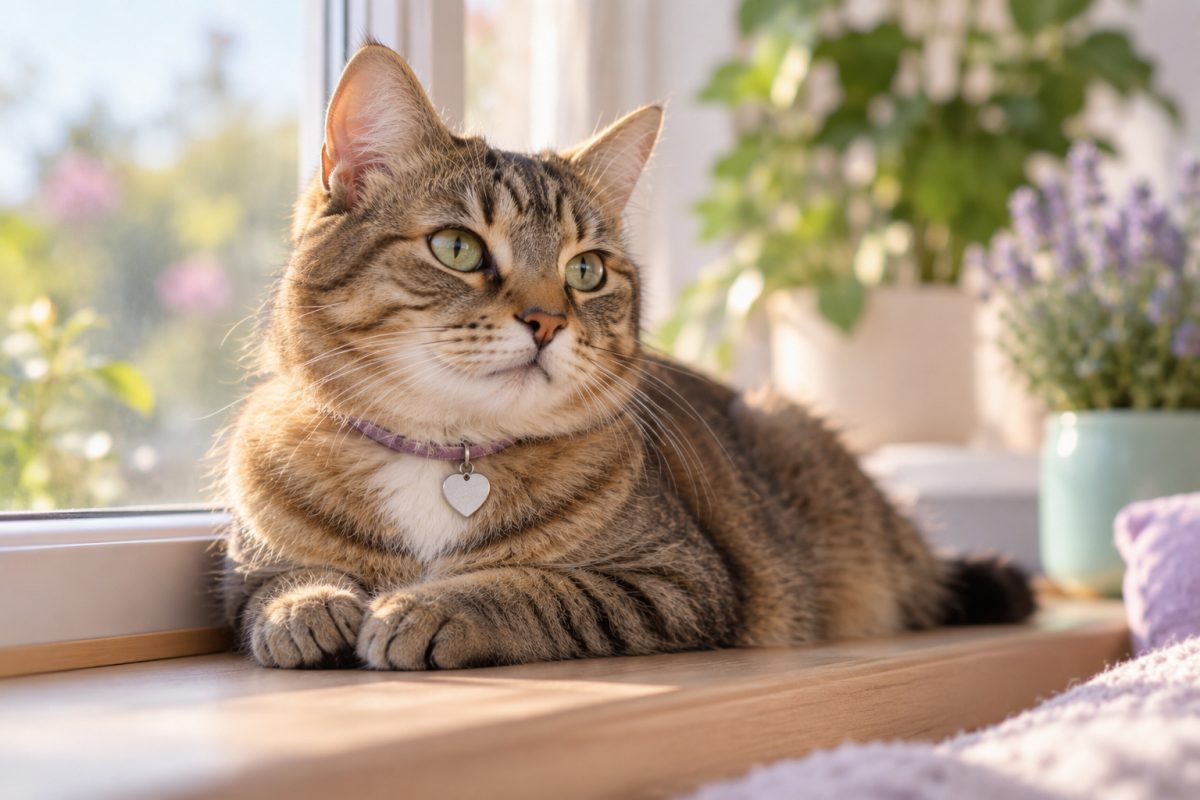 Kat met een hartvormige penning op de vensterbank