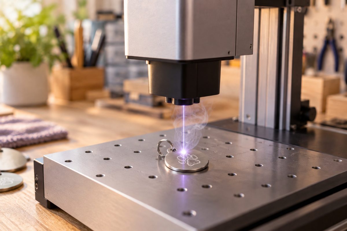 Een laser graveert een ronde penning van roestvrij staal