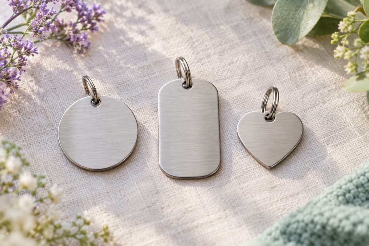 Drie blanco penningen: rond, dog tag en hart