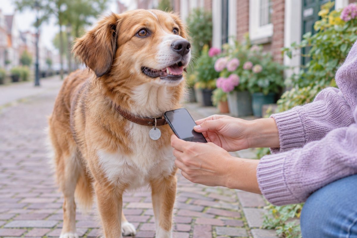 Iemand scant met de telefoon de penning van een hond op straat